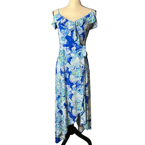 The Limited Wrap Dress in Blue and Green Shorter in Front Size XS - Picture 1 of 5